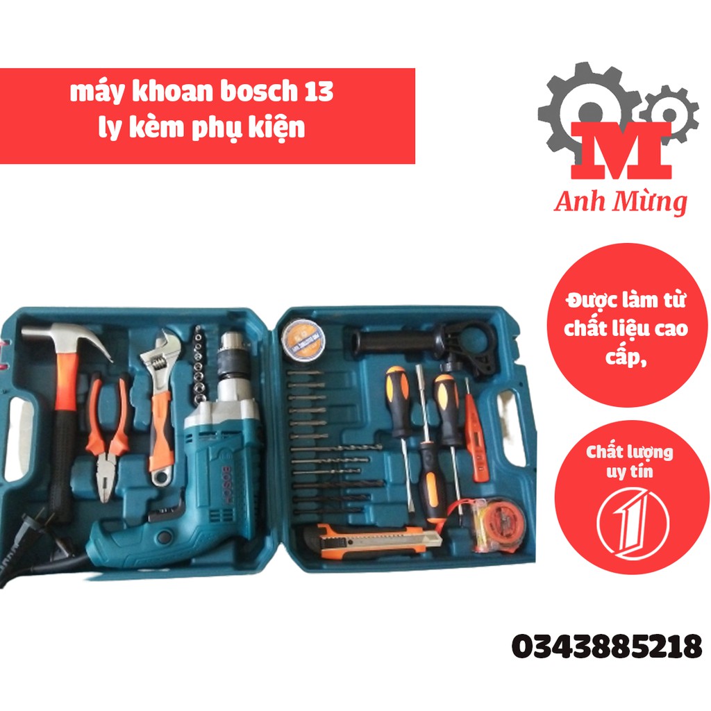 Máy khoan Bosch kèm phụ kiện đầy đủ, được thiết kế theo công nghệ và tiêu chuẩn kỹ thuật của Đức, mang lại hiệu cao