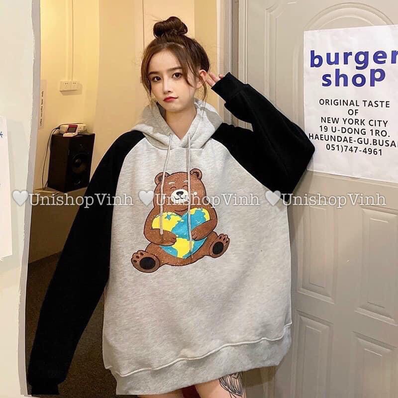 Áo hoodie gấu phối tay freesize dành cho nam và nữ