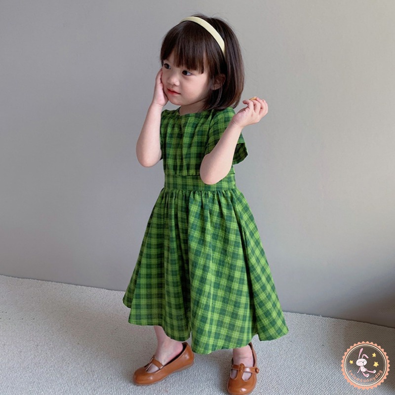 Đầm Công Chúa Mùa Hè Dáng Chữ A Tay Ngắn Họa Tiết Kẻ Sọc Caro Ngọt Ngào Phong Cách Hàn Quốc Cho Bé Gái