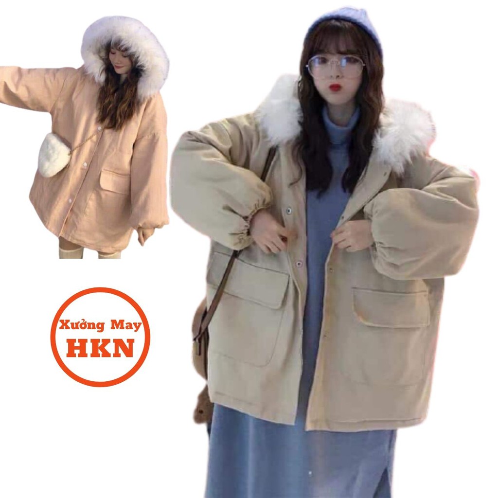 Áo Khoác Nữ Chất Kaki Lót Lông Có Mũ Trùm Đầu Trắng Ấm Áp Mã 771 Xưởng May HKN