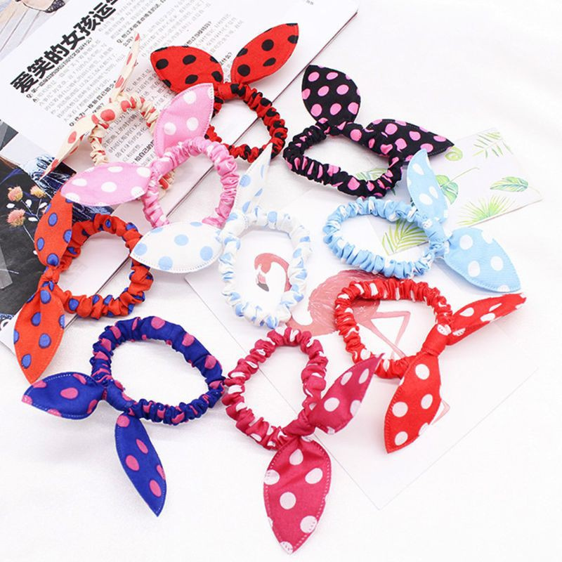 Dây Cột Tóc Vải Co Giãn Thắt Nơ Tai Thỏ In Họa Tiết Chấm Bi Dễ Thương Cho Nữ