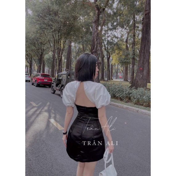 Đầm tafta cổ vuông cutout lưng tay trắng phồng