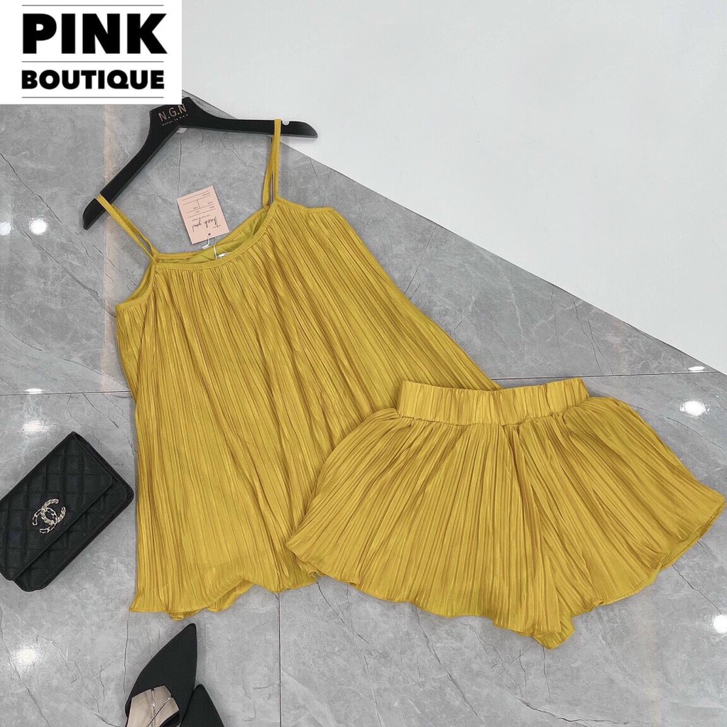 Bộ Đồ Nữ Lụa Hai Dây Dập Li Quần Short Dáng Váy Mùa Hè Chất Mát Thiết Kế PINK BOUTIQUE