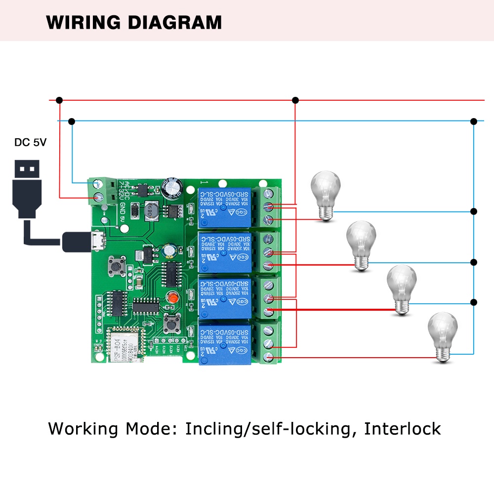 Mô đun rơ le Pcbfun thông minh 4 kênh 5v 12v 220v 433mhz điều khiển từ xa cho nhà thông minh Google
