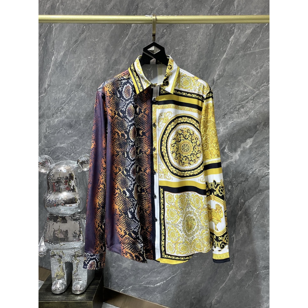 Áo sơ mi nam thiết kế in họa tiết hoa cổ điển và vân da rắn thời trang cao cấp Versace