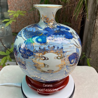 Bình hút tài lộc men lam vẽ vàng kim gốm sứ Bát Tràng