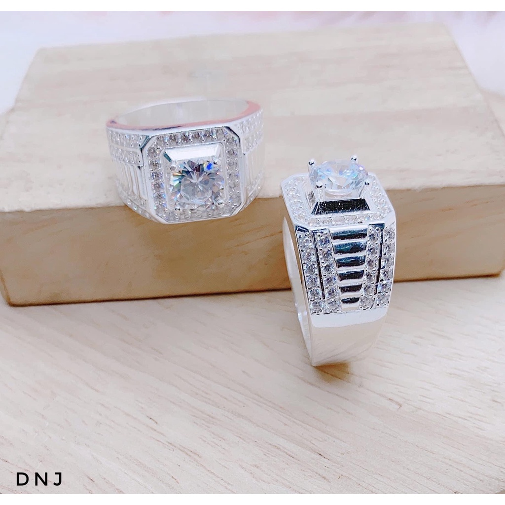 Nhẫn bạc nam, nhẫn sần trơn hai viền nạm đá cao cấp - Kho sỉ bạc Nhất Linh