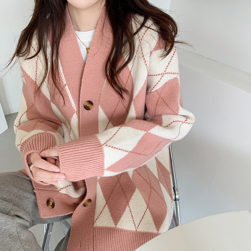 Áo Khoác Cardigan Nữ Họa Tiết Kim Cương Phong Cách Hàn Quốc