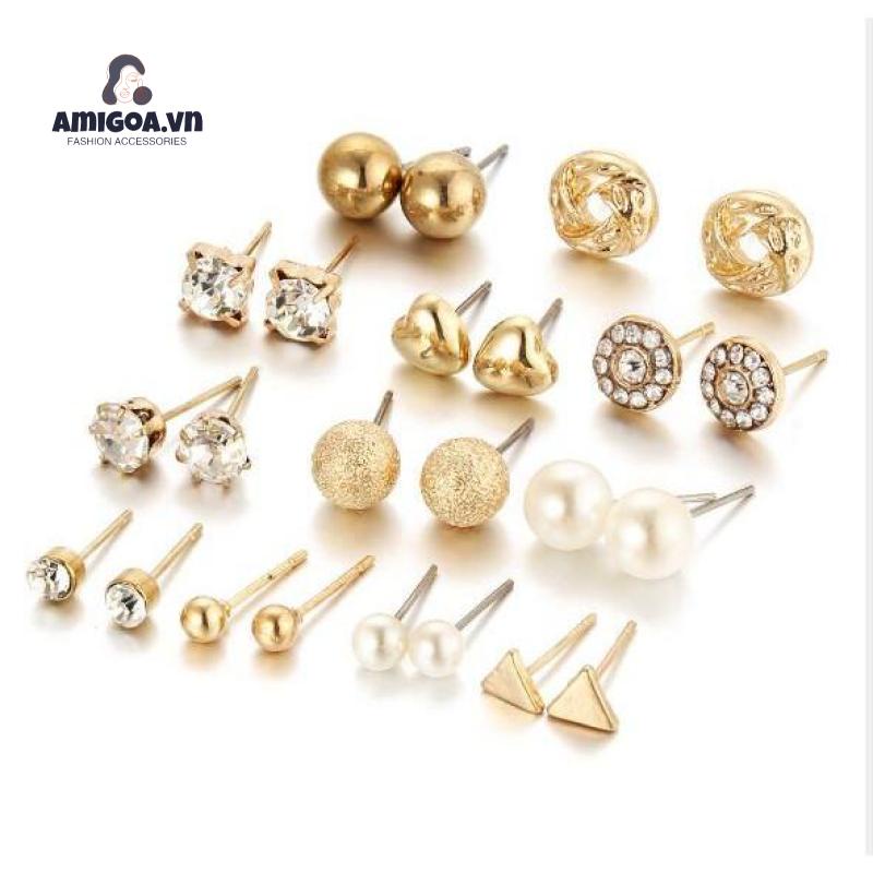 Bộ 12 Đôi Bông Tai Hình Nơ Đính Ngọc Trai Nhân Tạo