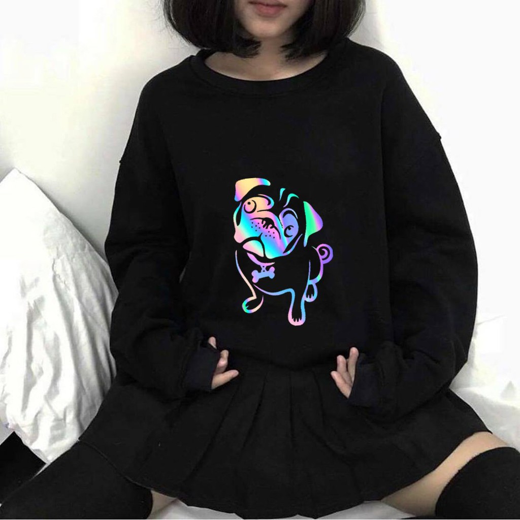 Áo Sweater nỉ phản quang in hình thời trang Unisex form rộng dài tay Chó PUG AS19 Lotus nam nữ Oversize phong cách Hàn