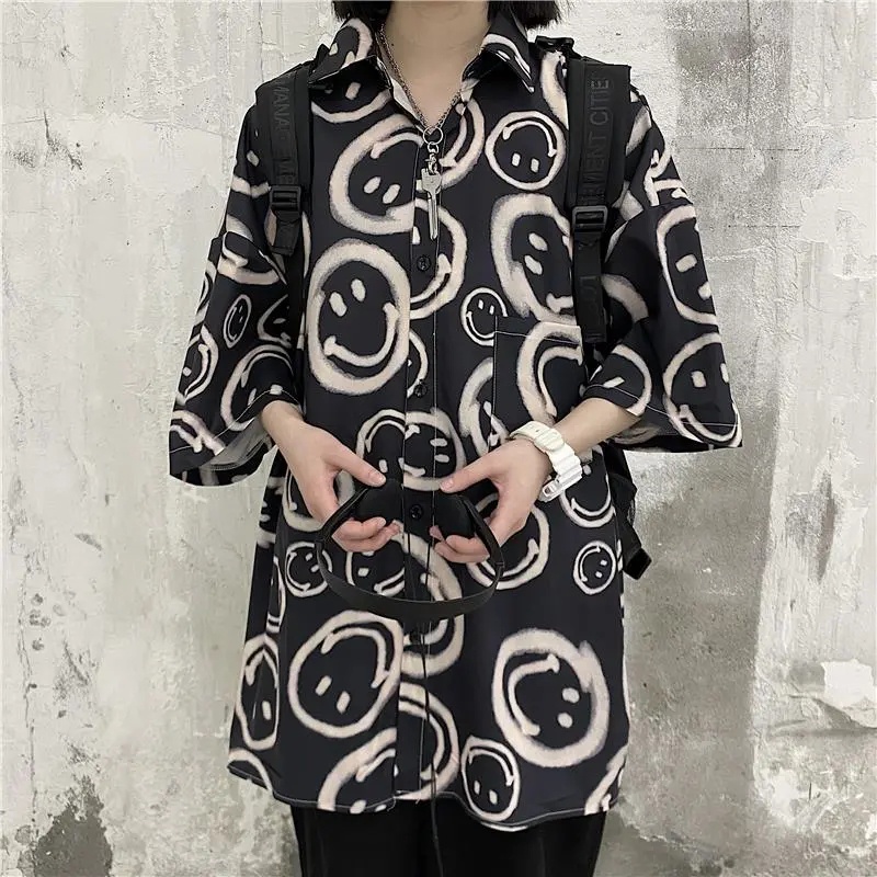 Áo Thun Tay Ngắn Dáng Rộng In Hình Mặt Cười Phong Cách Hip Hop Đường Phố Thời Trang Mùa Hè Cho Nam Và Nữ