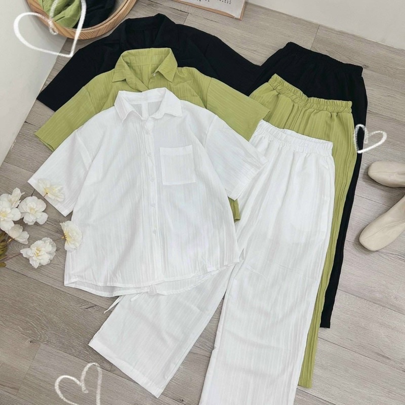 Sét bộ thời trang nữ mặc đi chơi chất xô gân sơ mi hở lưng cột nơ sau quần dài nhiều màu