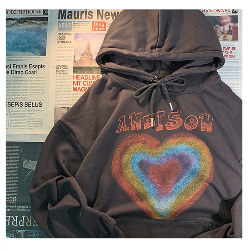 Áo hoodie ZHELIHANGFEI dáng rộng in hình trái tim xinh xắn dễ phối đồ