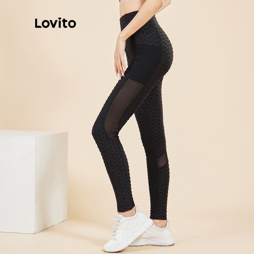 Quần legging Lovito màu trơn kết cấu lưới tương phản phong cách thể thao L15X239 (Màu đen)