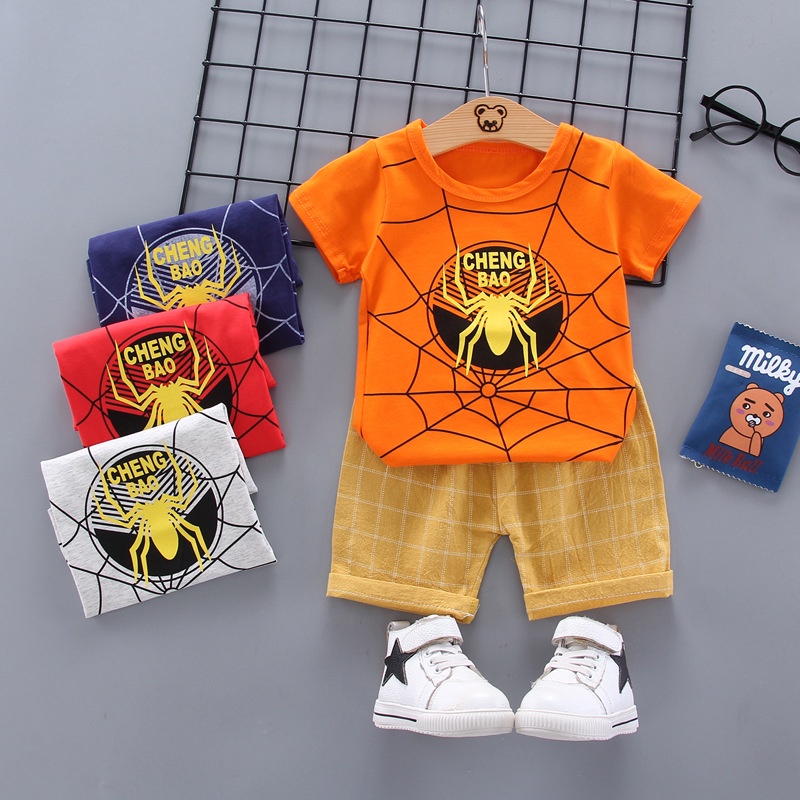 Bộ quần áo người nhện trẻ em Quần áo bé trai 2 mảnh bộ 0-4 tuổi Cậu bé Dễ thương phim hoạt hình ngắn tay áo thun + quần short
