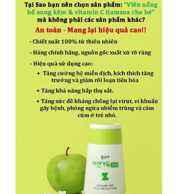 Kẹo bổ sung Kẽm &amp; Vitamin C Hamsoa cho bé hộp 120 viên - HƯƠNG TÁO