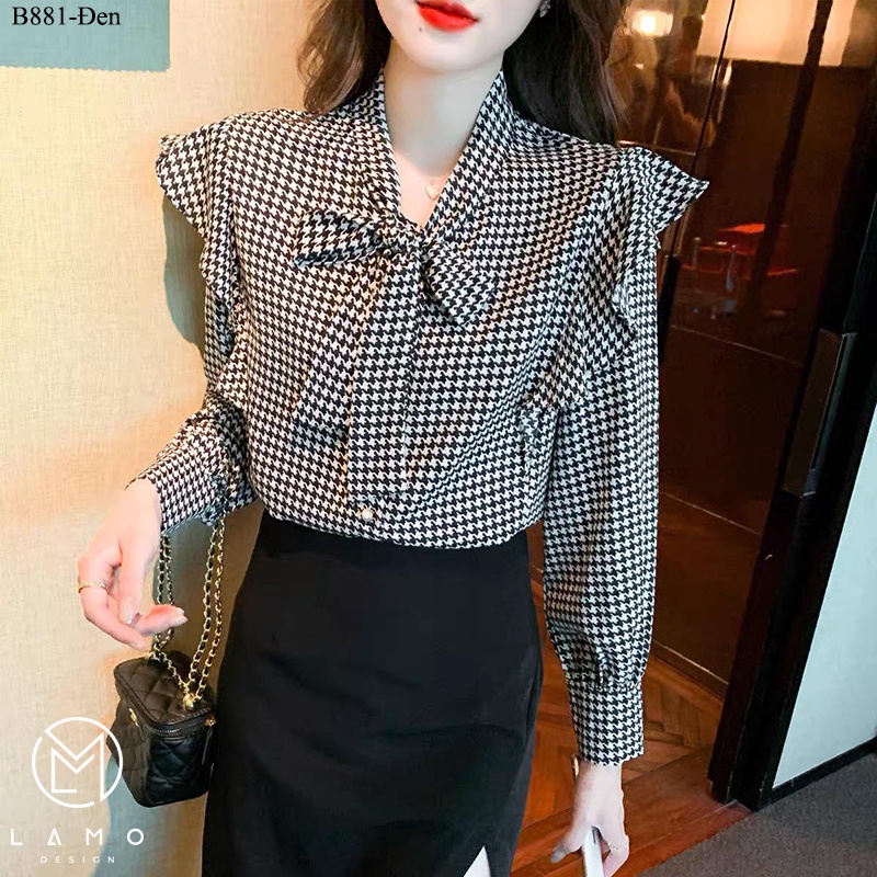 Áo sơ mi công sở nữ hoạ tiết kiểu hàn quốc đẹp cột nơ LAMO-B889 | BigBuy360 - bigbuy360.vn