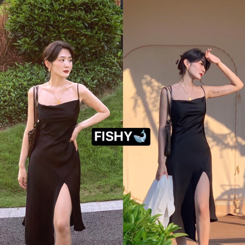(SẴN+ẢNH THẬT+VIDEO) Đầm Hai Dây Lụa Nữ Dáng Dài Hai Màu Đen Trắng Thiết Kế Cổ Trễ Xẻ Tà Lệch Vạt Gợi Cảm FISHY | BigBuy360 - bigbuy360.vn