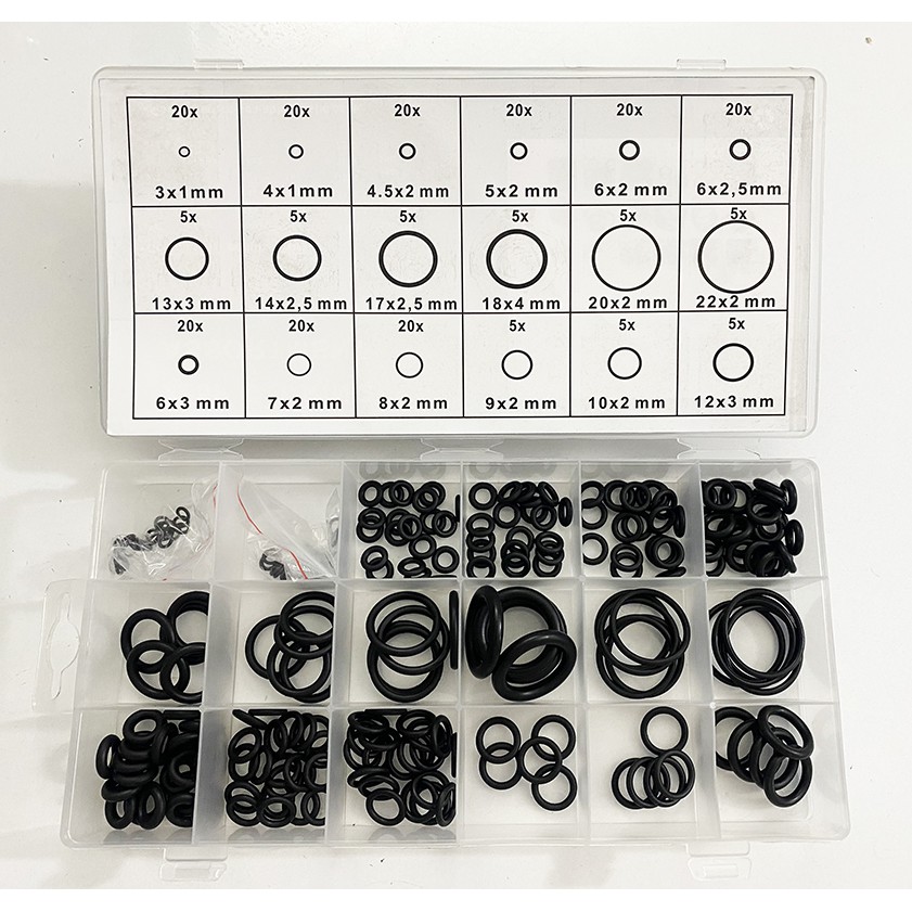 Hộp Ron, gioăng, doang, phom, pon cao su 225 chiếc, 18 kích cỡ