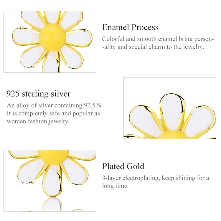 Khuyên tai BAMOER bạc 925 hình hoa cúc màu vàng và trắng tráng men dễ thương