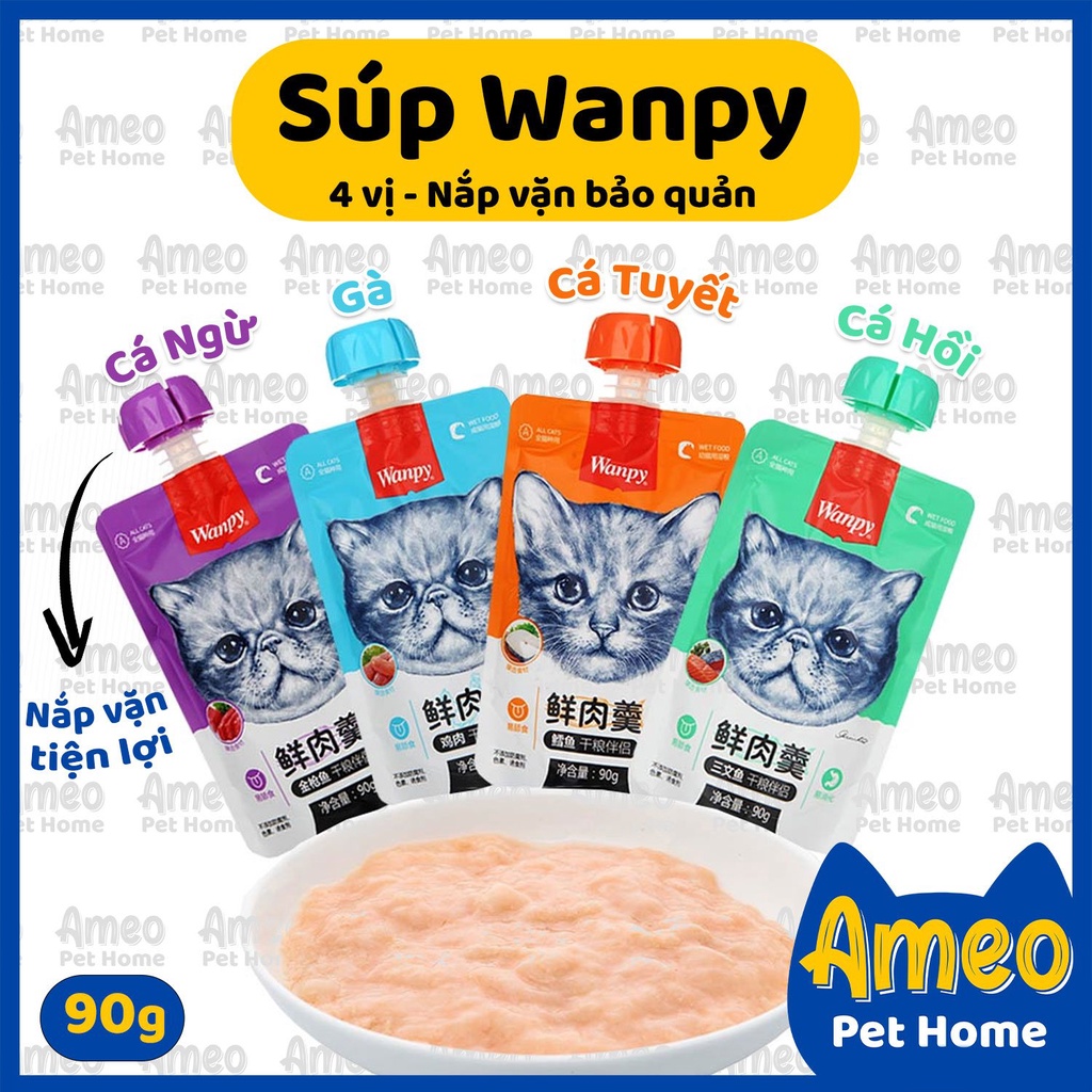 Súp thưởng nắp vặn Wanpy mèo, snack mèo vị gà, cá thơm ngon