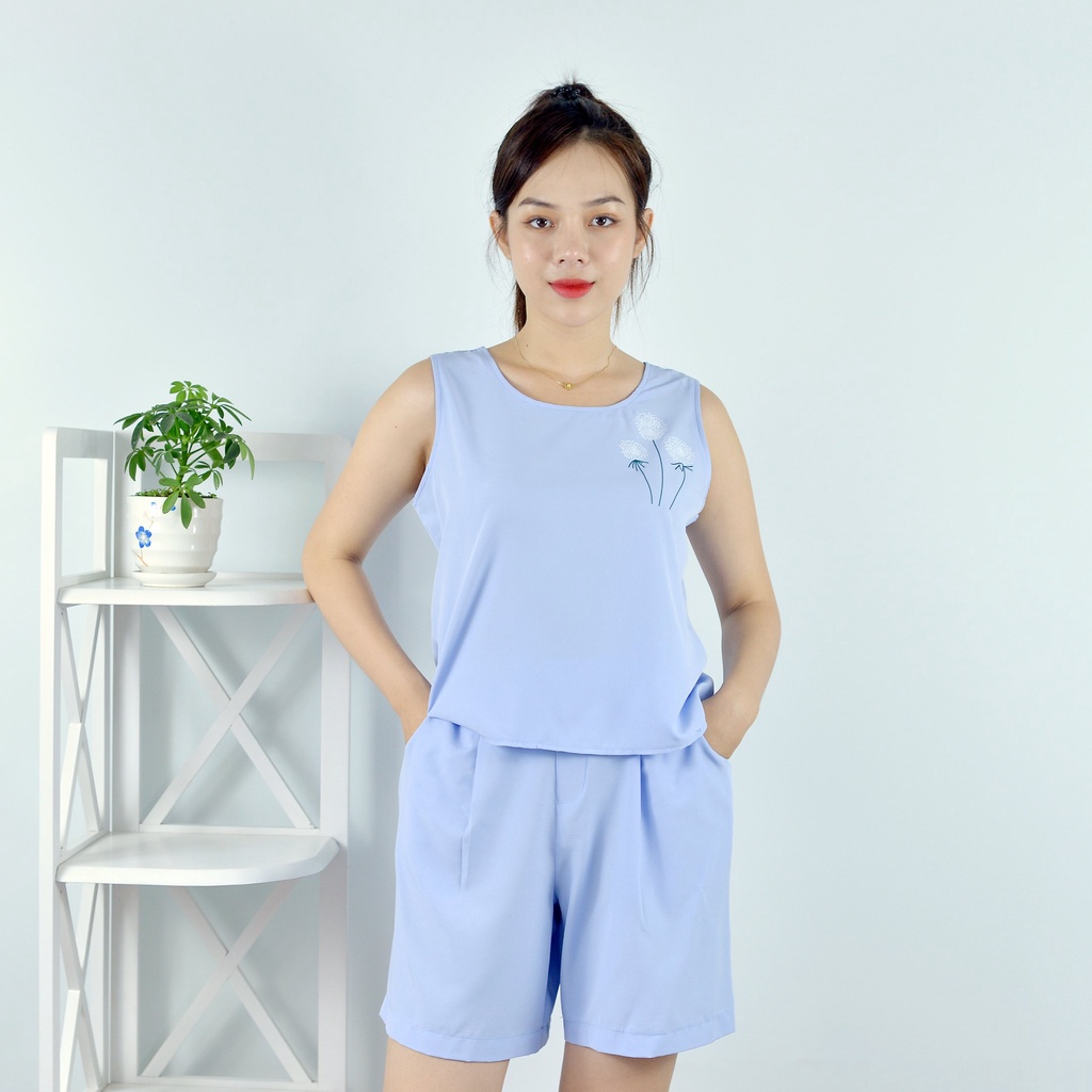 Bộ đồ nữ MÀU XANH NGỌC SÁT NÁCH IN HOA CỎ  - vải lụa cao cấp - Dịu dàng - Đằm thắm
