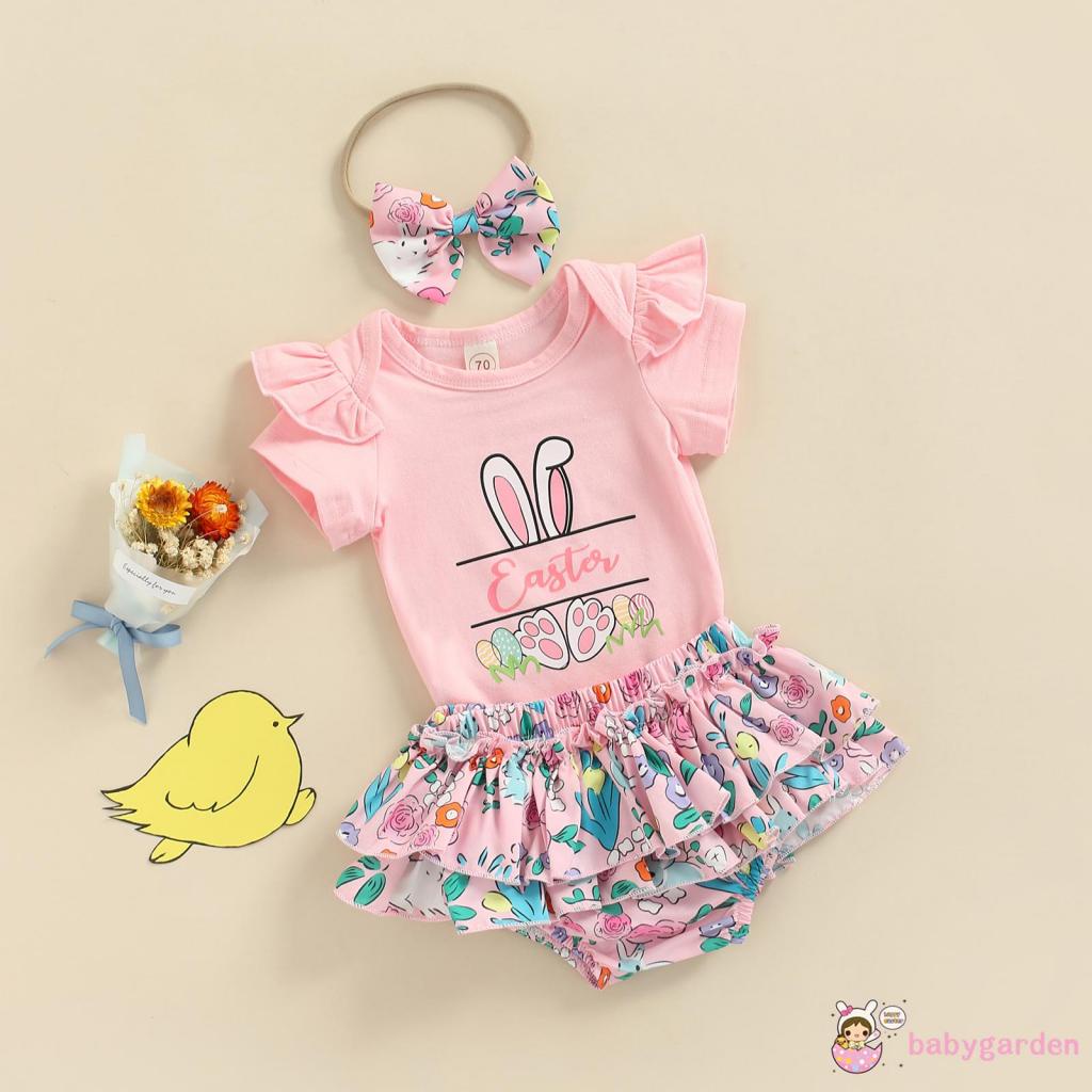 Bộ áo liền quần ngắn tay kèm quần short nhiều lớp và băng đô in hình thỏ đáng yêu dành cho bé gái