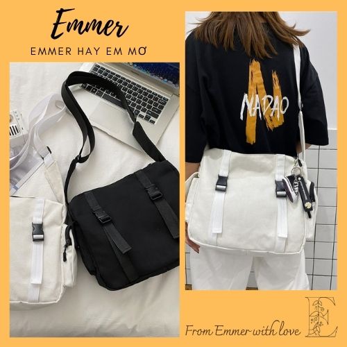 Túi vải đeo chéo unisex, túi canvas đeo vai học sinh sinh viên, phong cách ulzzang Hàn Quốc, phụ kiện Emmer