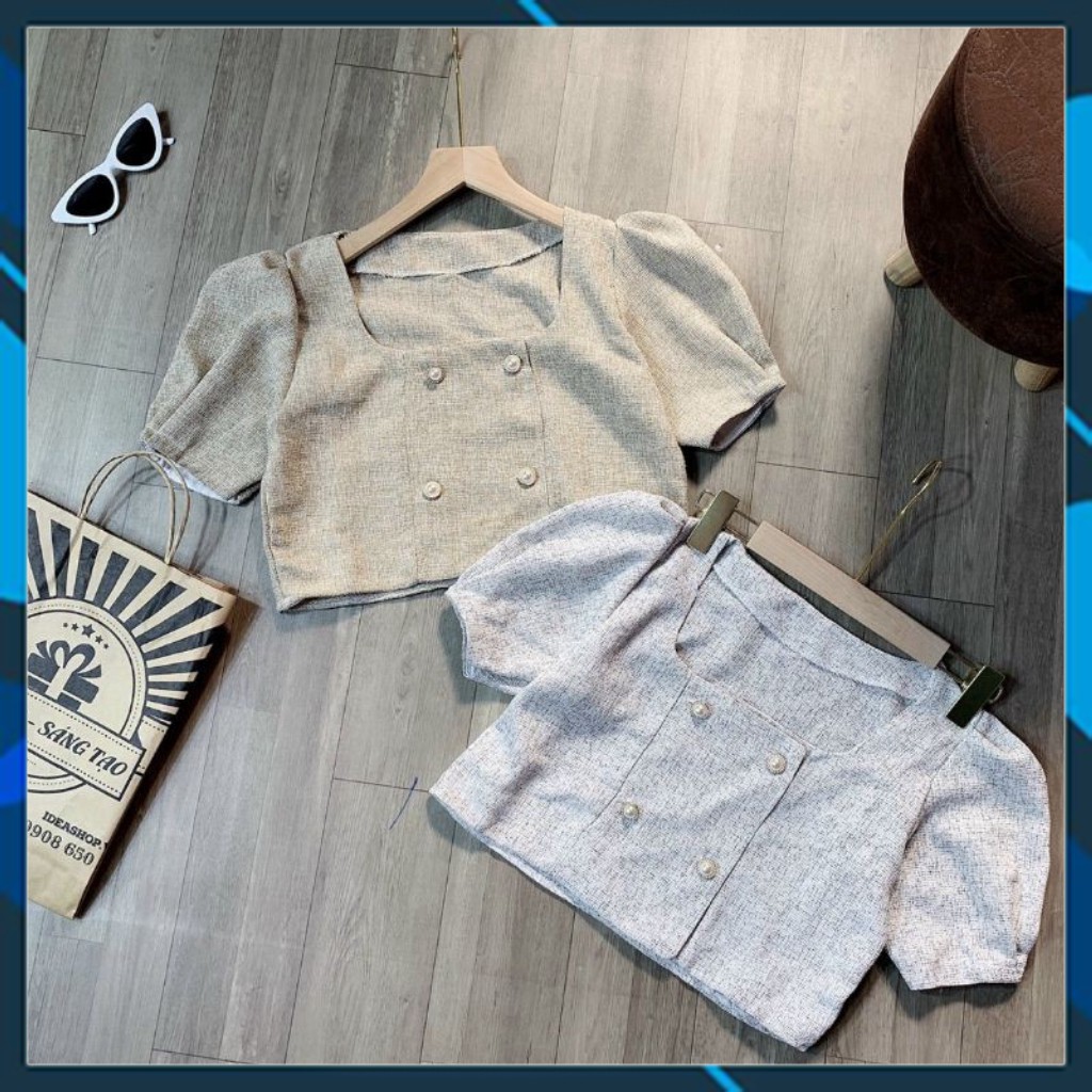ÁO CROPTOP KIỂU CỔ VUÔNG CÓ 4 NÚT TAY VẢI DẠ CAO CẤP - FREE SIZE