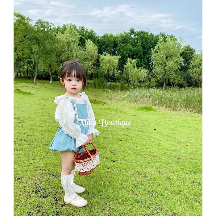 Set yếm vải kèm áo sơ mi trắng Bé Gái cổ tròn Soft Cotton Cao Cấp Sz 80/90/100/110 ( Ảnh thật)