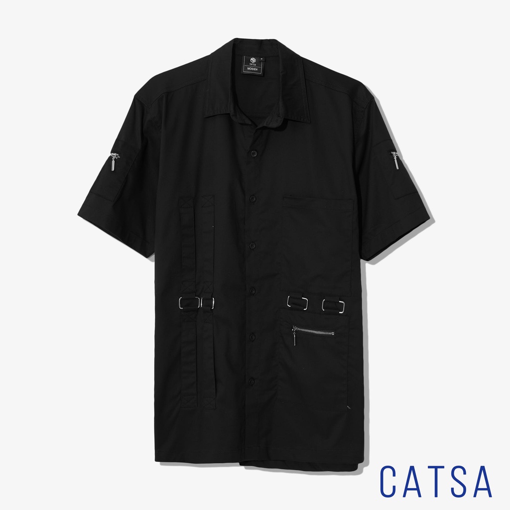 Áo sơ mi nam tay ngắn màu trắng phối móc khóa độc đáo, thấm hút mồ hôi, thoáng mát CATSA ASN166 - ASN167