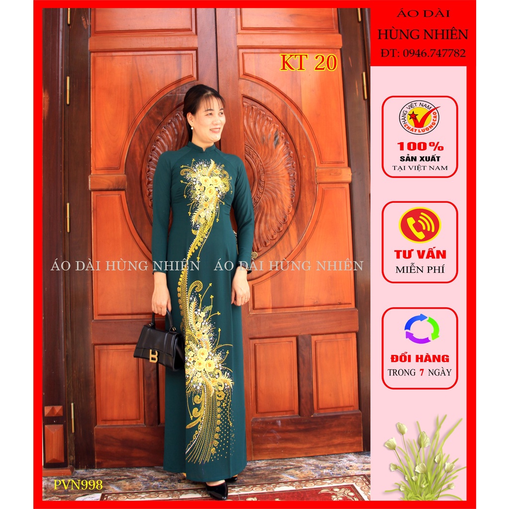 Áo dài trung niên kim tuyến tằm thêu KT20 XANH RÊU