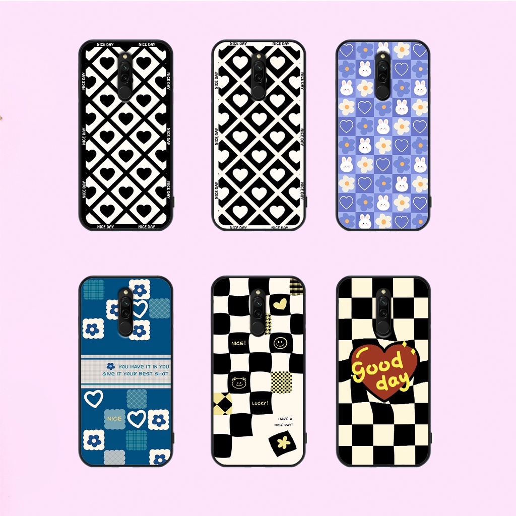 Ốp lưng Xiaomi Redmi 8 in hoạ tiết caro trái tim đen trắng, gấu bear cute đáng yêu