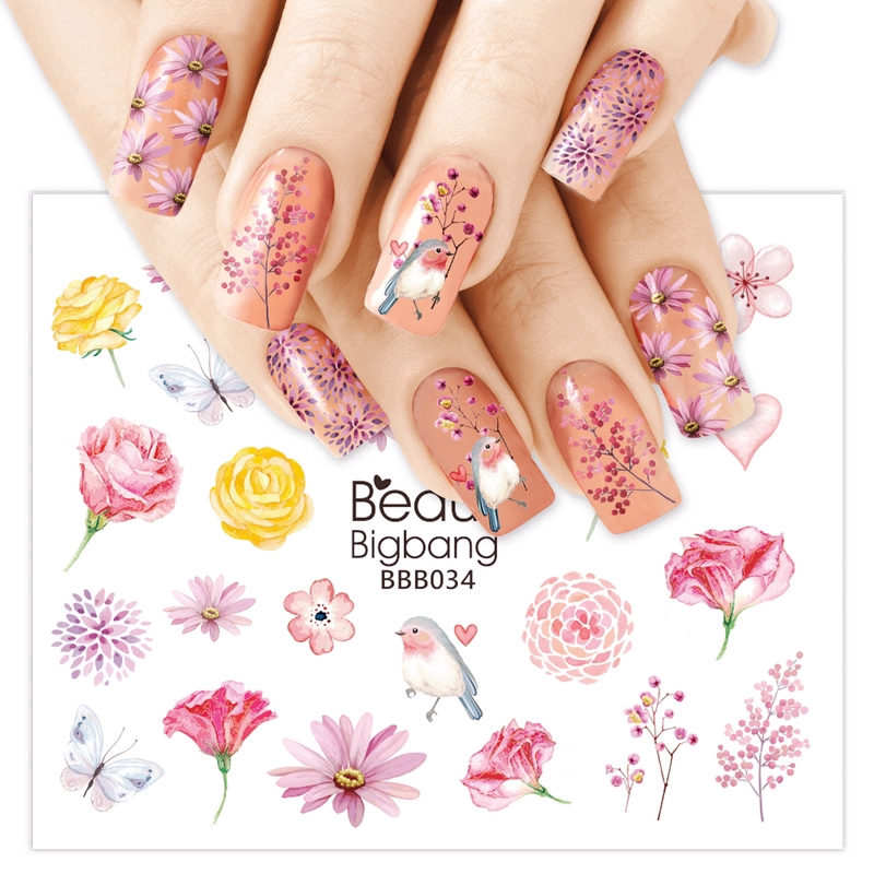 Tấm nhãn dán chuyển nước trang trí móng BeautyBigBang họa tiết trái cây/hoa/xương rồng/tiên cá