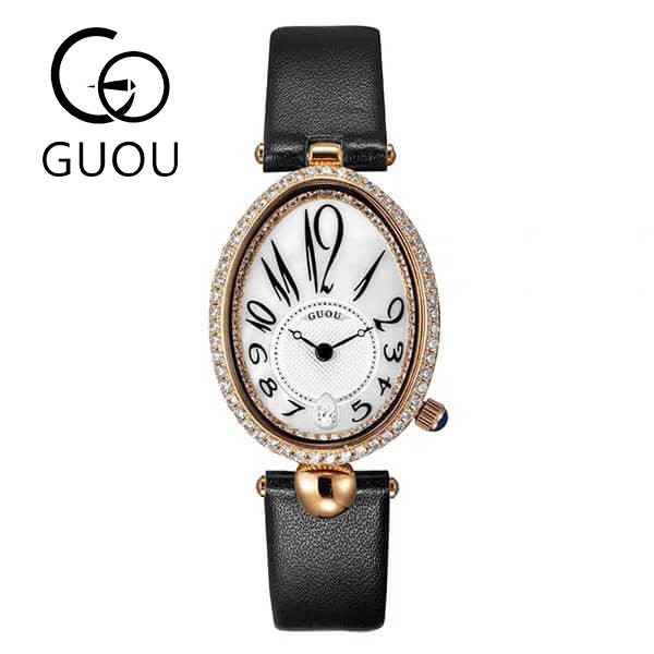 Đồng hồ nữ_ Đồng hồ Guou chính hãng chống nước hình giọt nước viền đá dây da không kim giây độc đáo