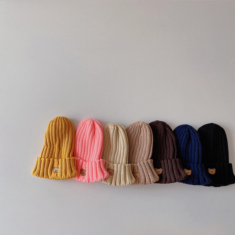Mũ Beanie Dệt Kim Thêu Hình Gấu Dễ Thương Cho Bé