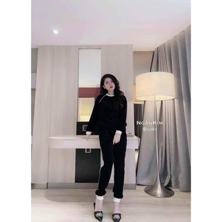 Bộ nhung đen nữ dài tay phối viền bèo trắng