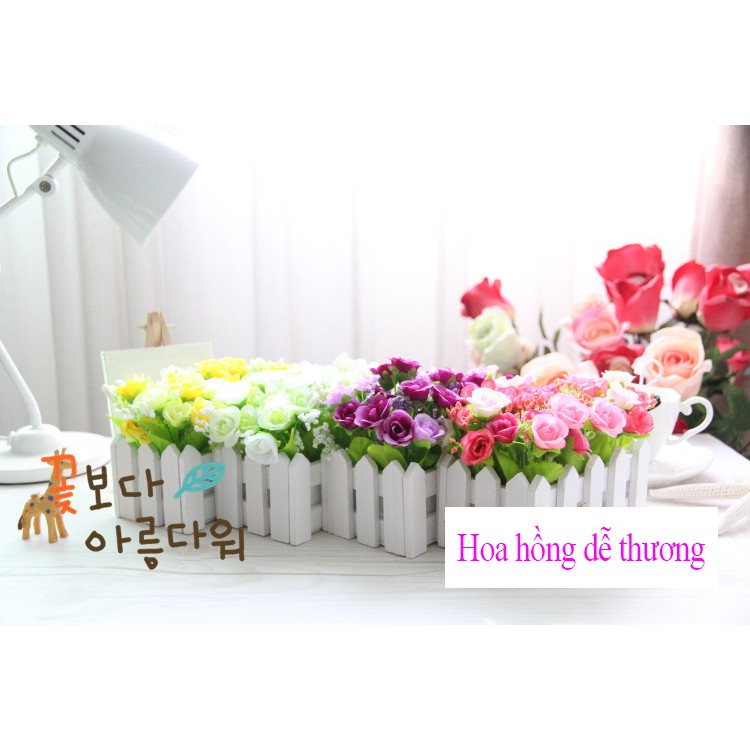 Hoa giả trang trí để bàn KHALIK, giỏ hoa hồng - hàng rào HF008