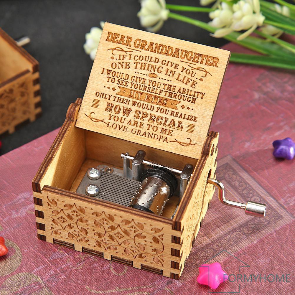 Retro Carved Hand Cranked Music Box Wooden Manual Birthday Gift Ornaments