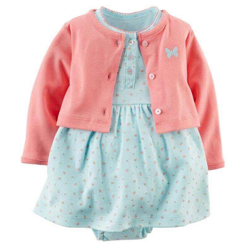 Set đầm bodysuit và áo khoác : đầm xanh ngọc hoa li ti và áo khoác hồng bé gái - CAYABE