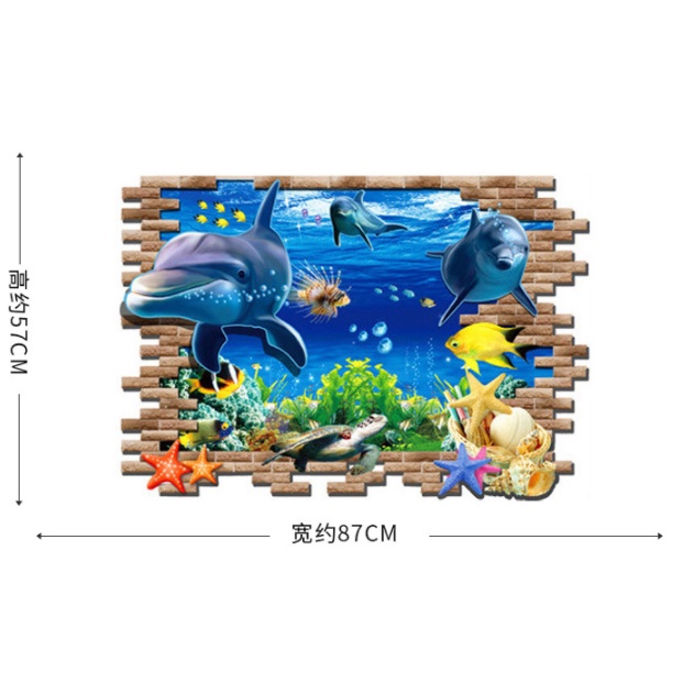 Decal trang trí tường - Cá heo 3D bơi qua khe nứt