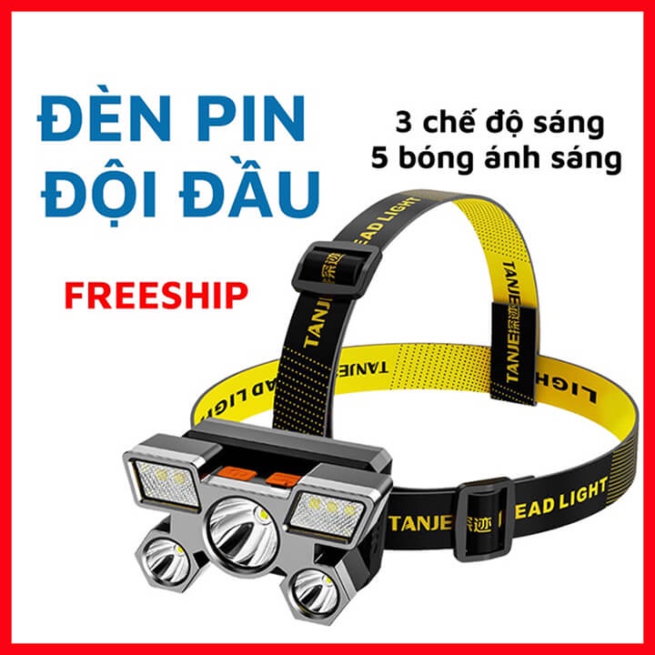 Đèn pin đội đầu, đèn pin đeo trán 5 bóng siêu sáng chiếu xa 50m, chống thấm nước, pin trâu sạc tích điện