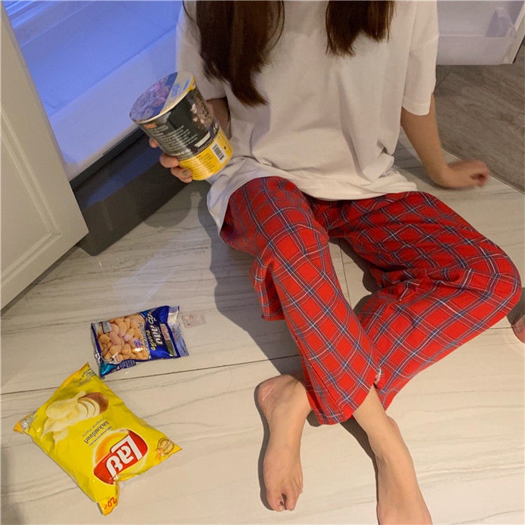 Bộ Đồ Ngủ Áo Thun + Quần Dài Dáng Rộng Họa Tiết Sọc Caro Phong Cách Hàn Quốc Thời Trang Mùa Hè Cho Nữ | BigBuy360 - bigbuy360.vn