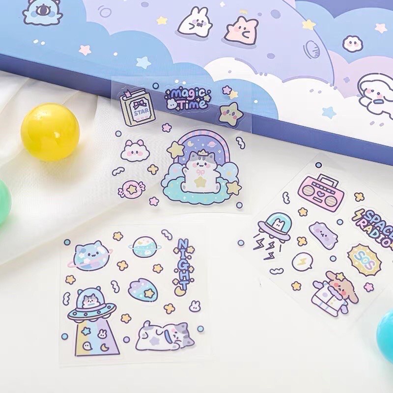 Hộp sticker 200 tấm hình dán mèo vũ trụ dễ thương trang trí sổ planner bullet journal