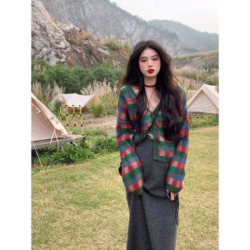 Áo Cardigan kẻ ô màu chăn con công