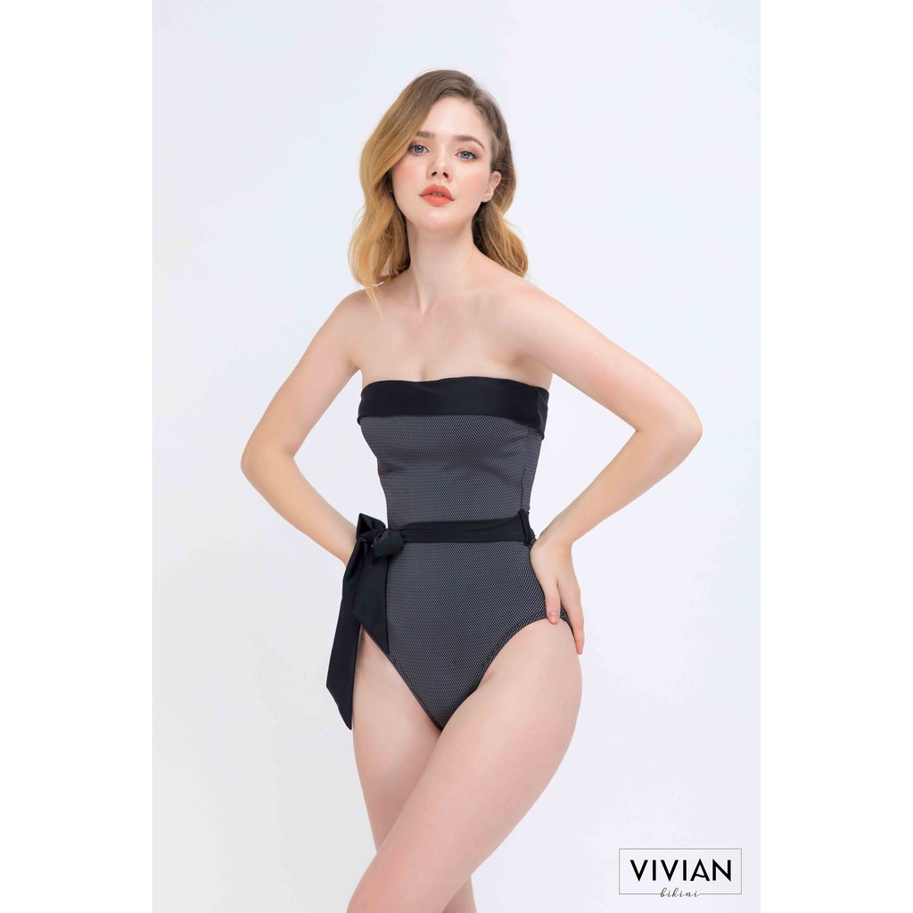 Đồ bơi Nữ VIVIAN kiểu Một mảnh áo ngang phối viền &amp; nơ lớn- màu Khác - VS077_X