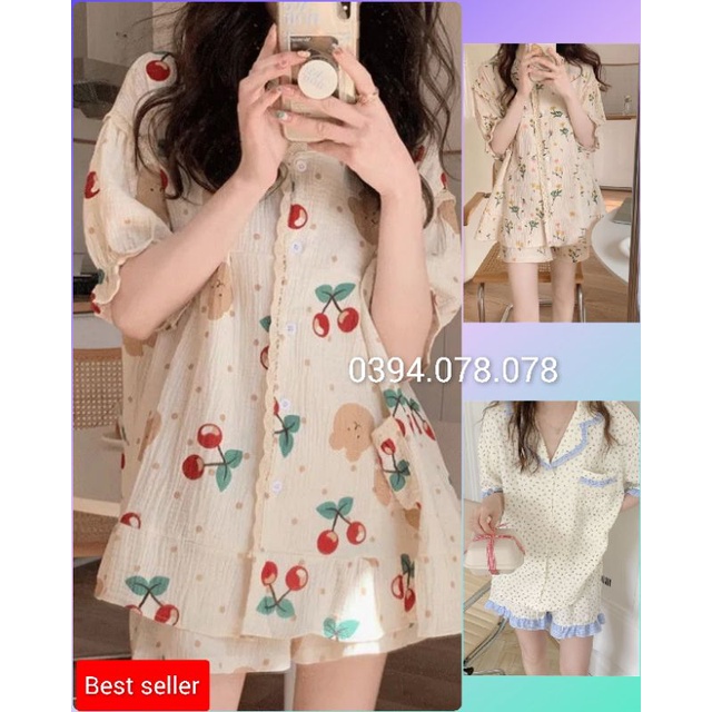 Bộ ngủ pyjama đùi họa tiết xinh xắn 2023