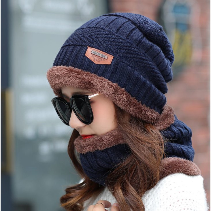 Mũ len nam nữ kèm khăn quàng cổ YUDA nón len trùm đầu mùa đông cho bé trai gái #5