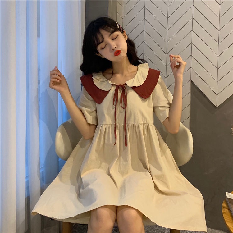 Đầm Chữ A Tay Ngắn Cổ Peter Pan Cột Dây Dáng Rộng Thiết Kế Mới Thời Trang Cho Sinh Viên