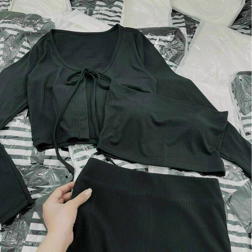 Set áo 2 dây croptop phối chân váy chữ A kèm áo khoác ngoài cột dây cực xinh, set váy 3 món nữ thun gân kèm áo cá tính